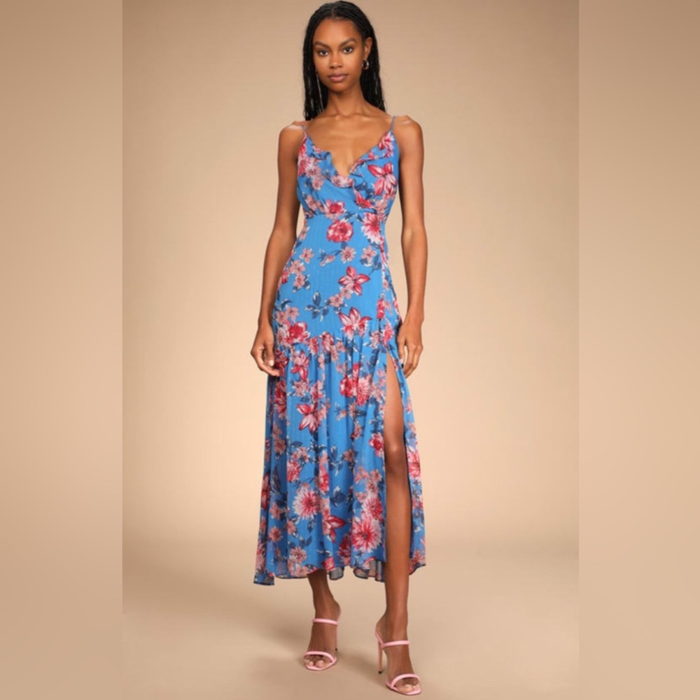 Lulu's Blue Pink Floral Sundress Maxi